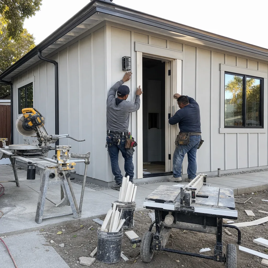 Two professional contractors installing exterior door trim on a modern ADU