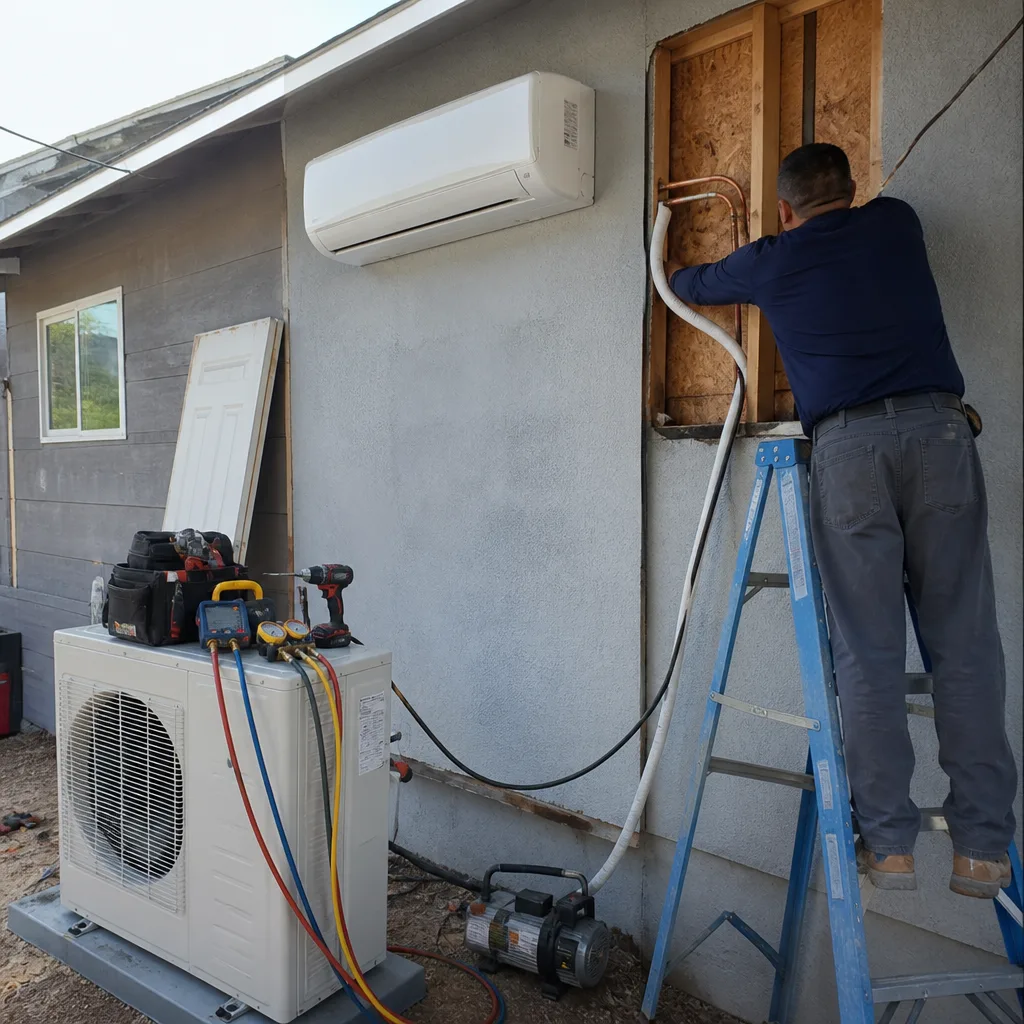 Contractor installing HVAC system for an ADU garage conversion.