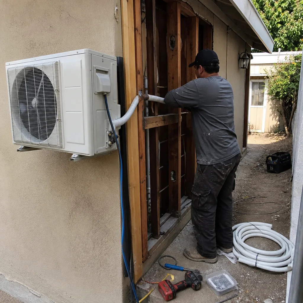 Contractor installing HVAC unit during a professional garage conversion project