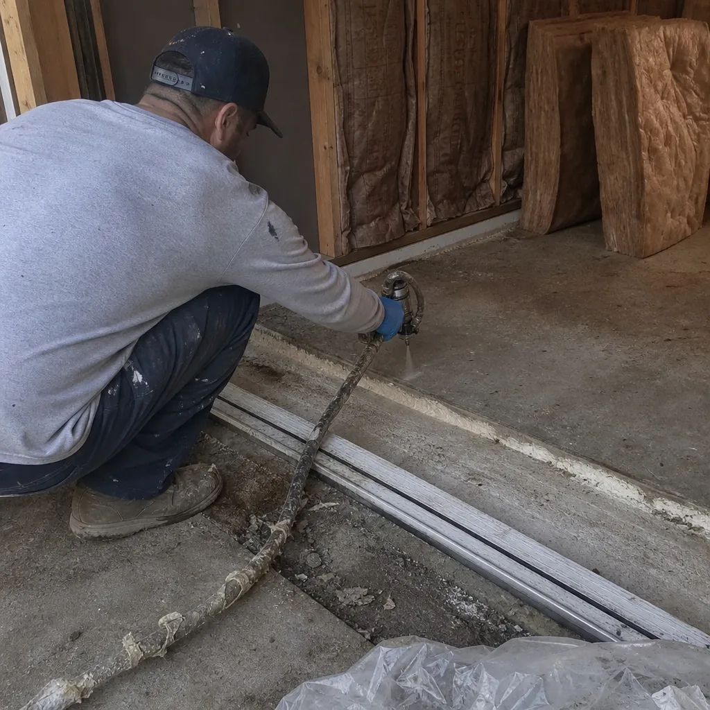 Contractor performing professional garage conversion sealing service with foam injection equipment