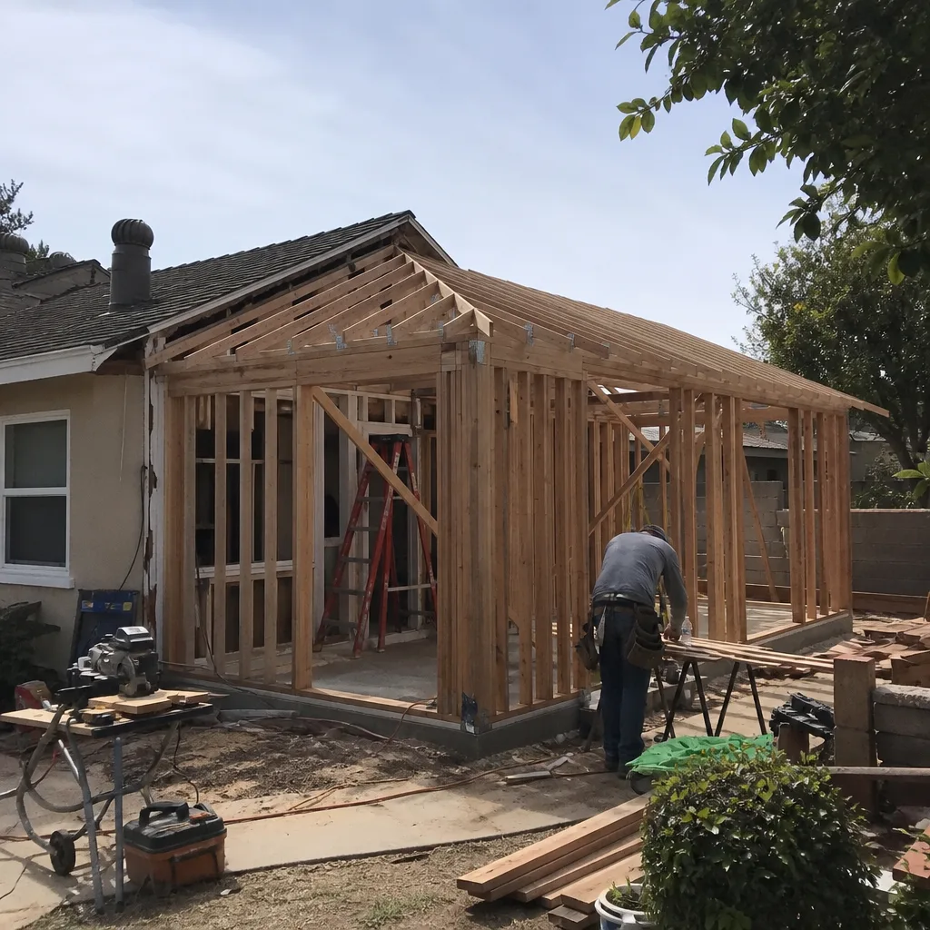 Contractor building a wood frame for a home addition renovation project